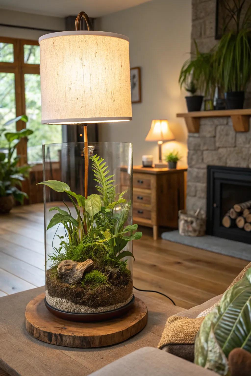 A terrarium lamp brings a vibrant touch of greenery and light to a living space.