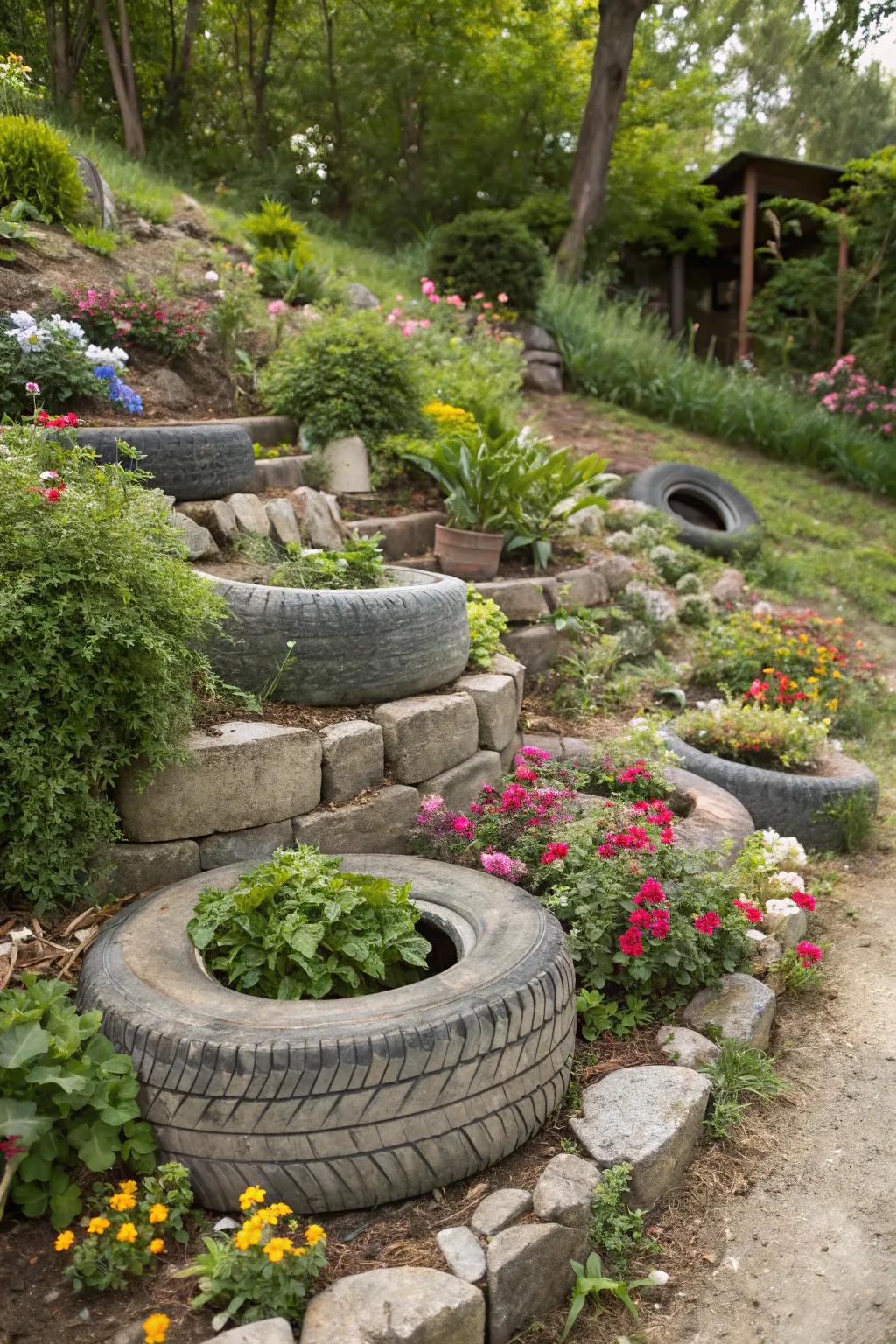 Intriguing sunken tire gardens creating layered landscapes.