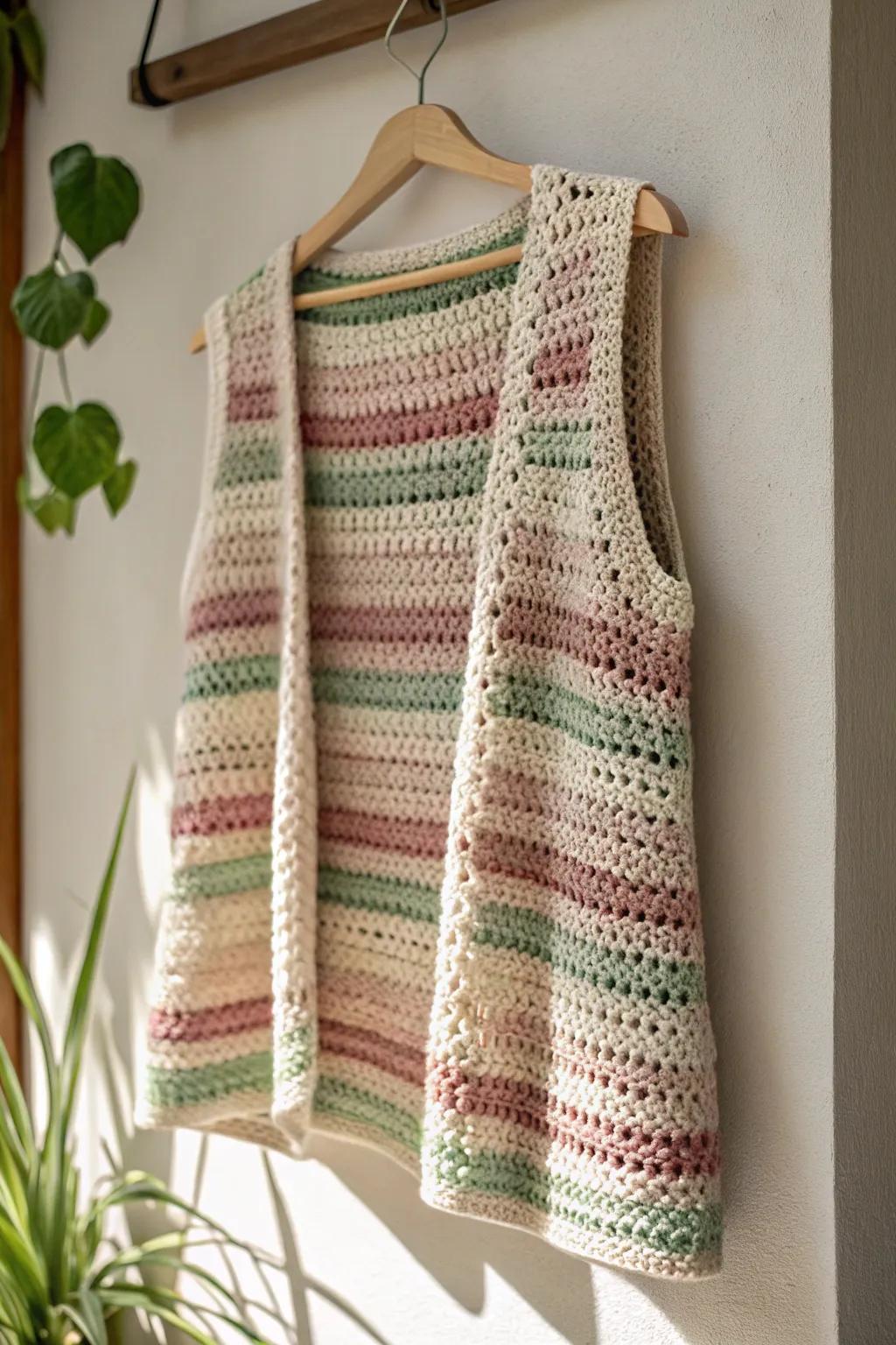 Elevate your relaxed style with this sporty chic crochet vest—perfect for a laid-back weekend vibe.