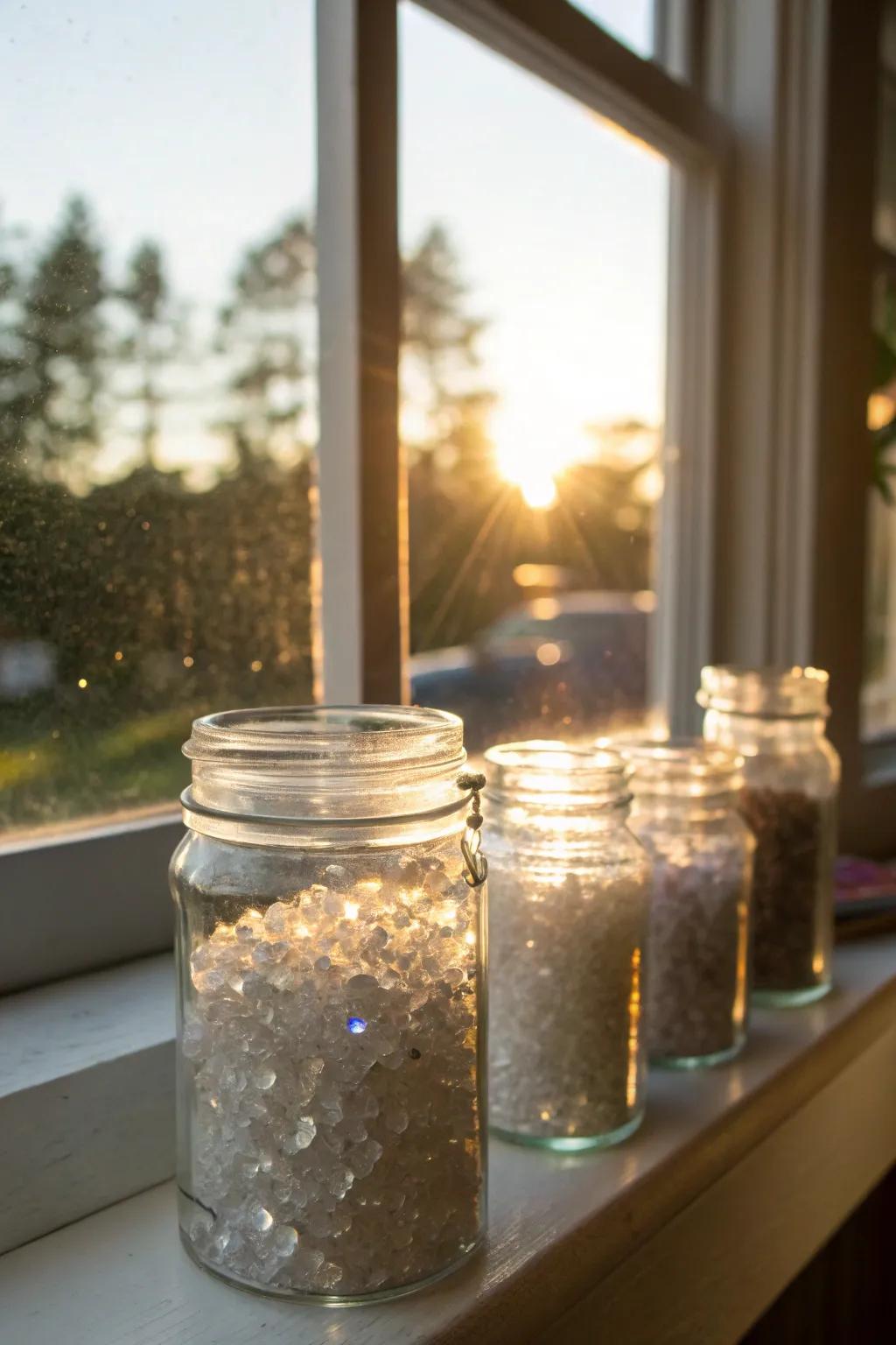 Crystals displayed in clear containers produce an enchanting and light-attracting spectacle.
