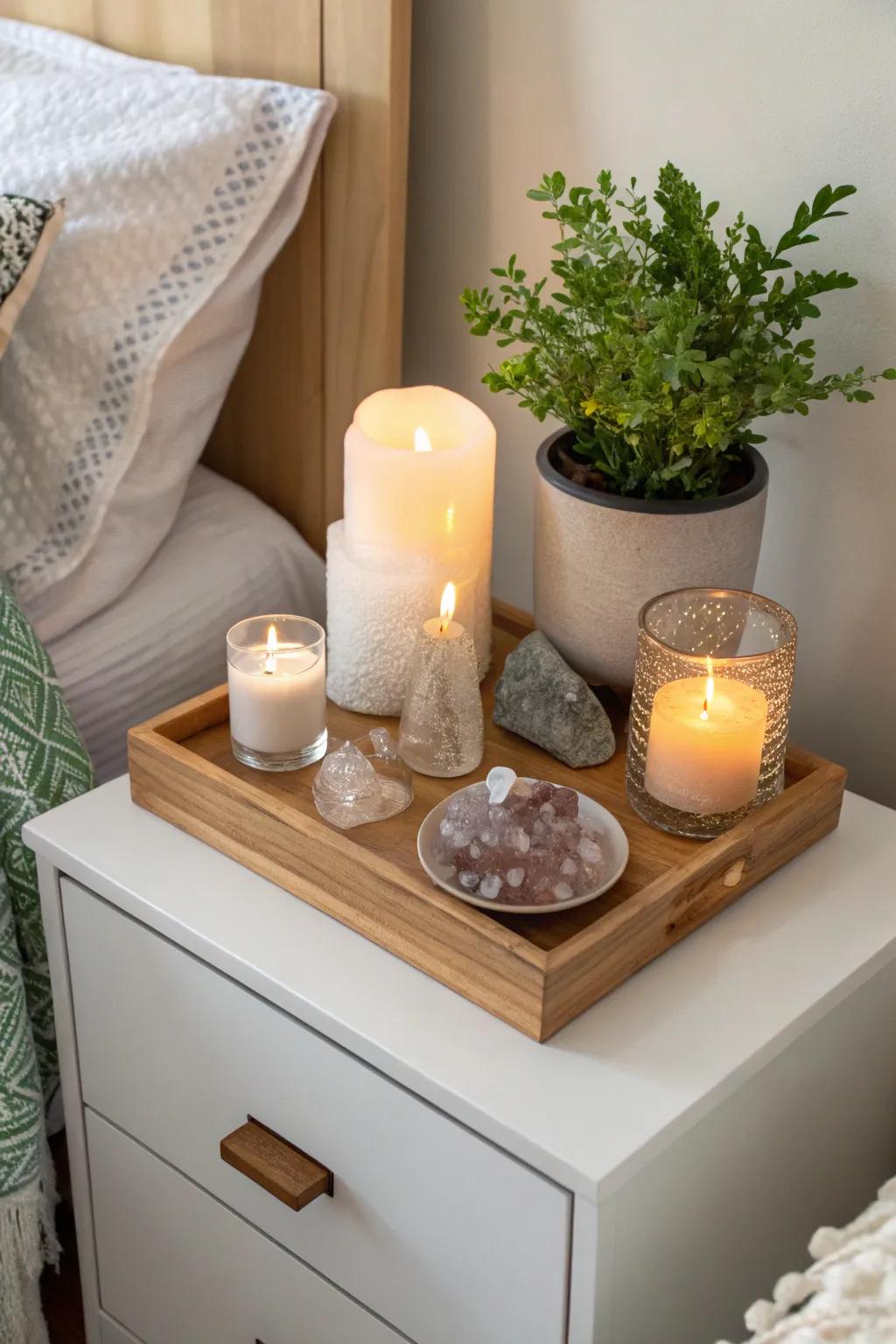 A serene bedchamber display showcases crystals and candles.