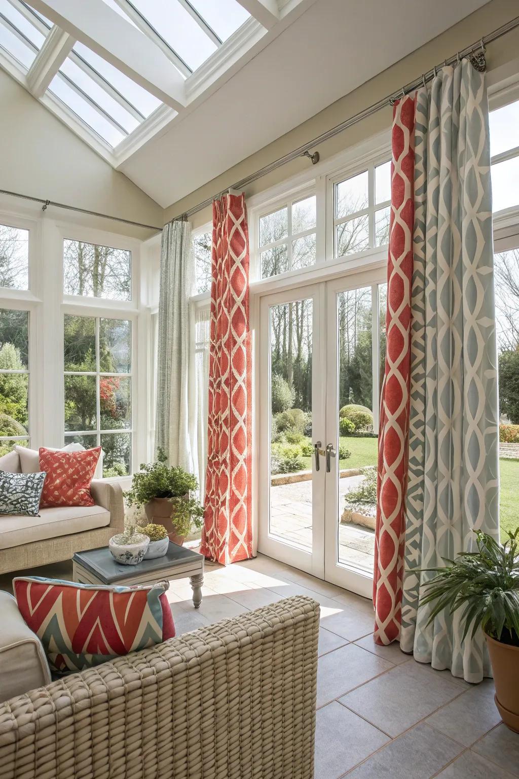 Geometric patterns in curtains give your sunroom a modern edge.