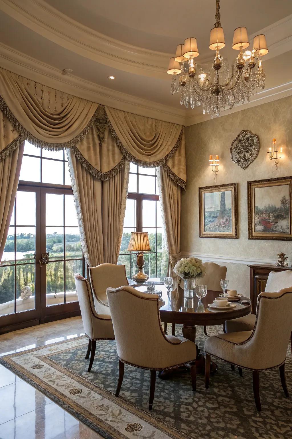 Realize a polished appearance with scalloped perimeter valances in your dining area.