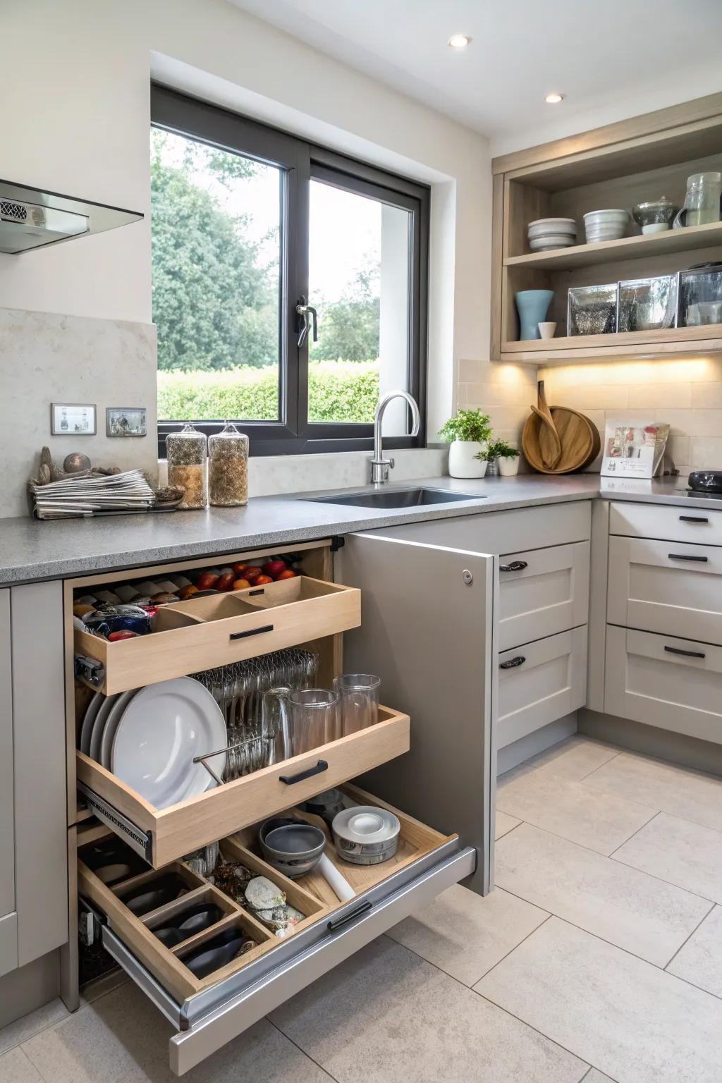 Hidden storage solutions keep the kitchen organized and tidy.