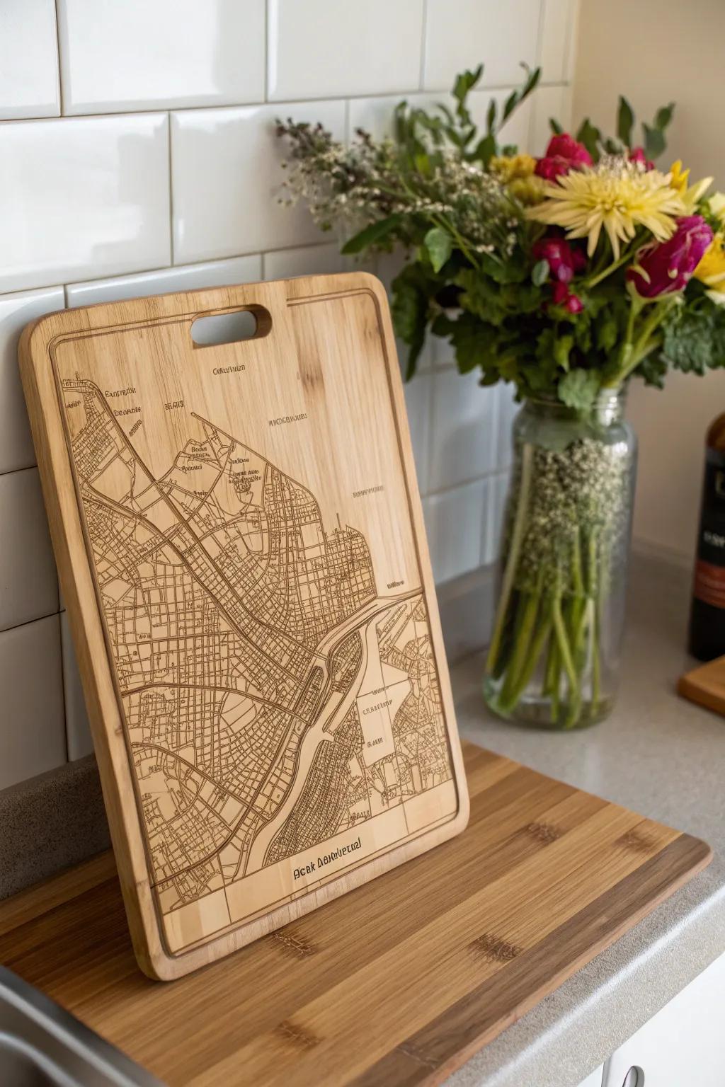Terrain map slabs offer a geographical touch to kitchen decor.