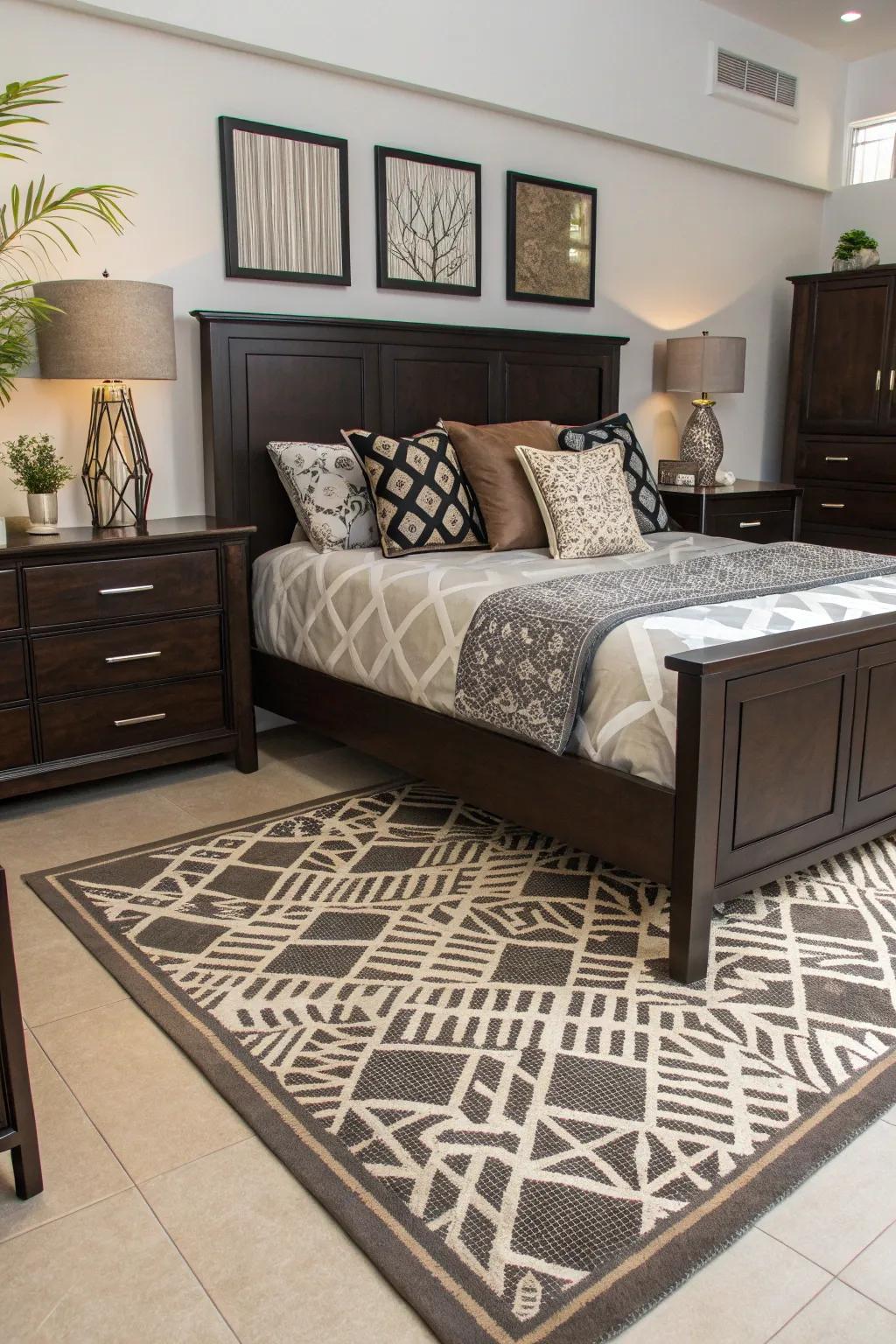 Geometric patterns infuse a modern sharpness into deep brown settings.