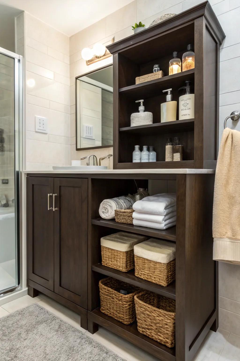 Open shelving creates an artful display around a dark brown vanity.
