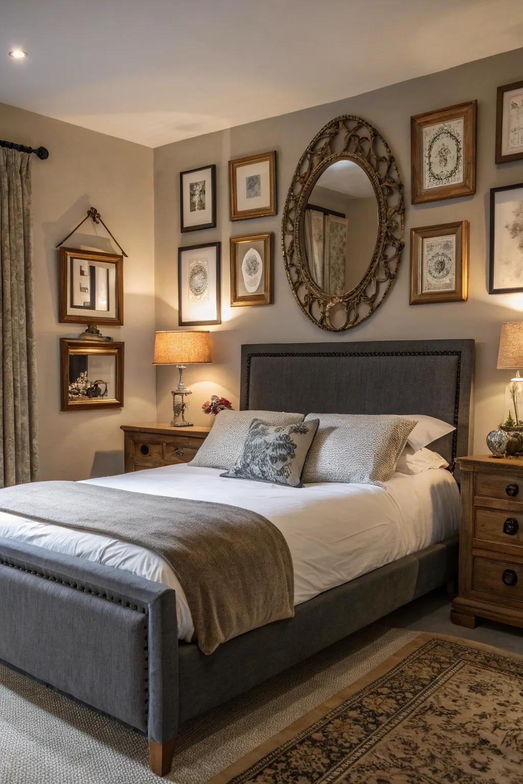 Reflectors illuminate and enrich the elegance of a charcoal-themed bedroom.