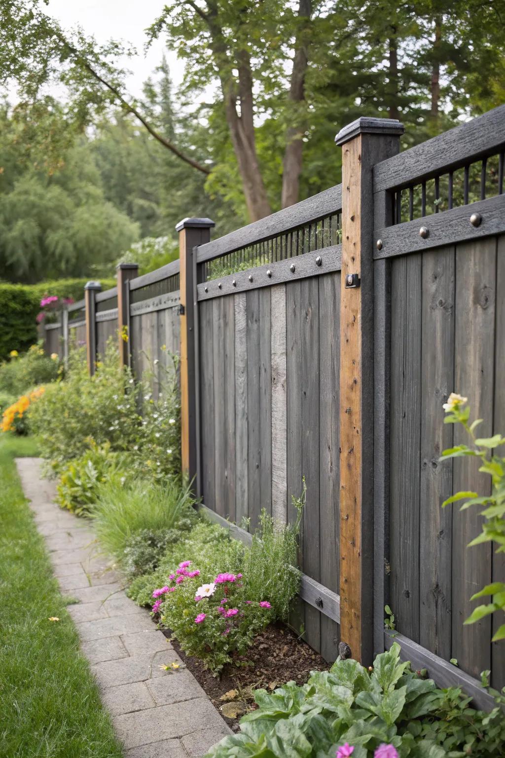 A textured garden look with a charcoal-toned enclosure featuring mixed materials like wood and metal.
