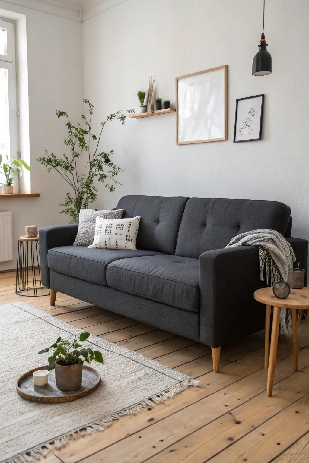 Scandinavian simplicity enhances the grace of a gray couch.