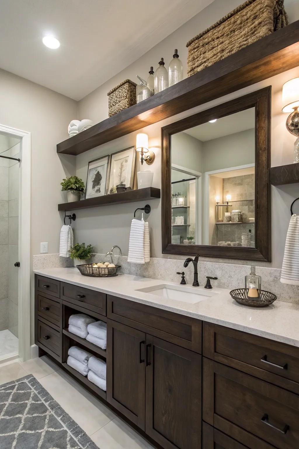 Floating shelves provide streamlined storage solutions in this bathroom.