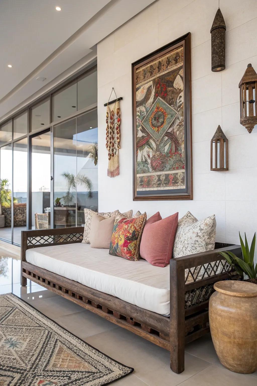 Unique artwork functions as an artistic focal point for the daybed.