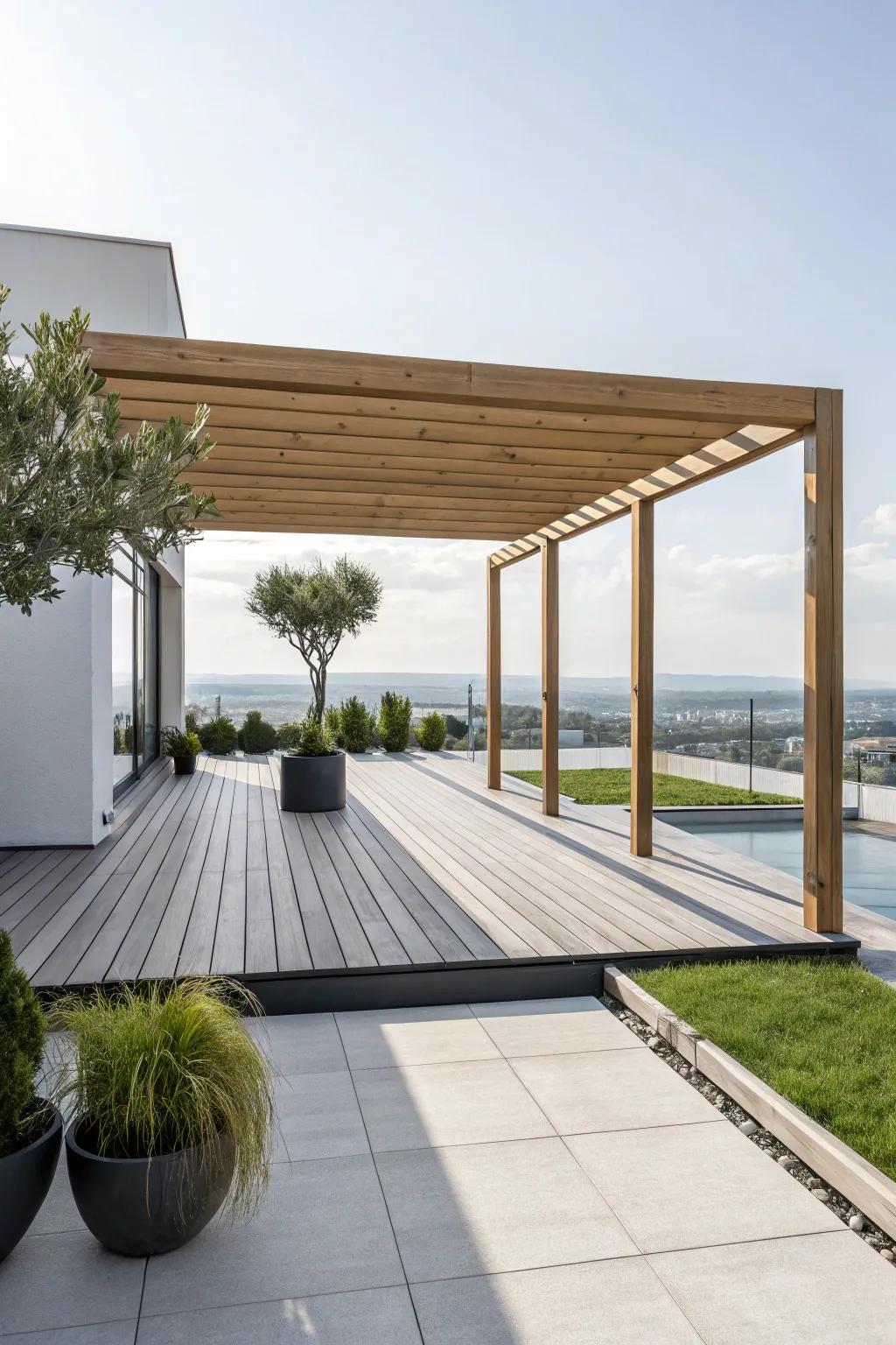 A sleek, minimalist pergola for a modern deck aesthetic.
