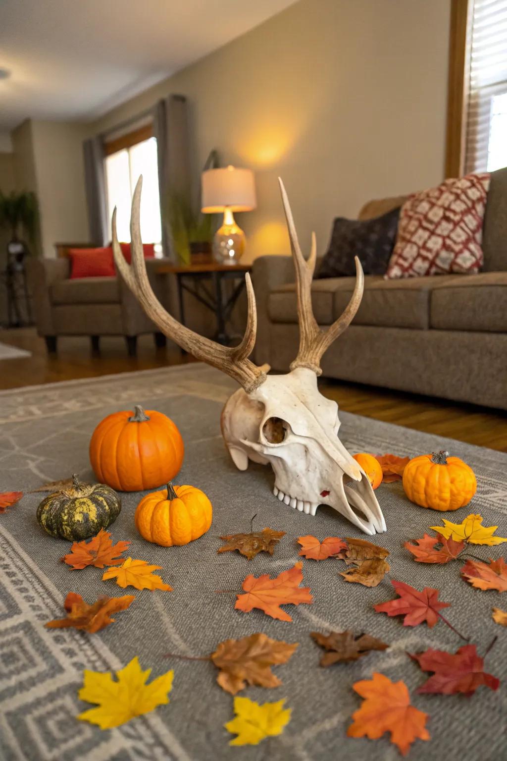 Seasonal aesthetics introduce a festive touch to a deer skull display.