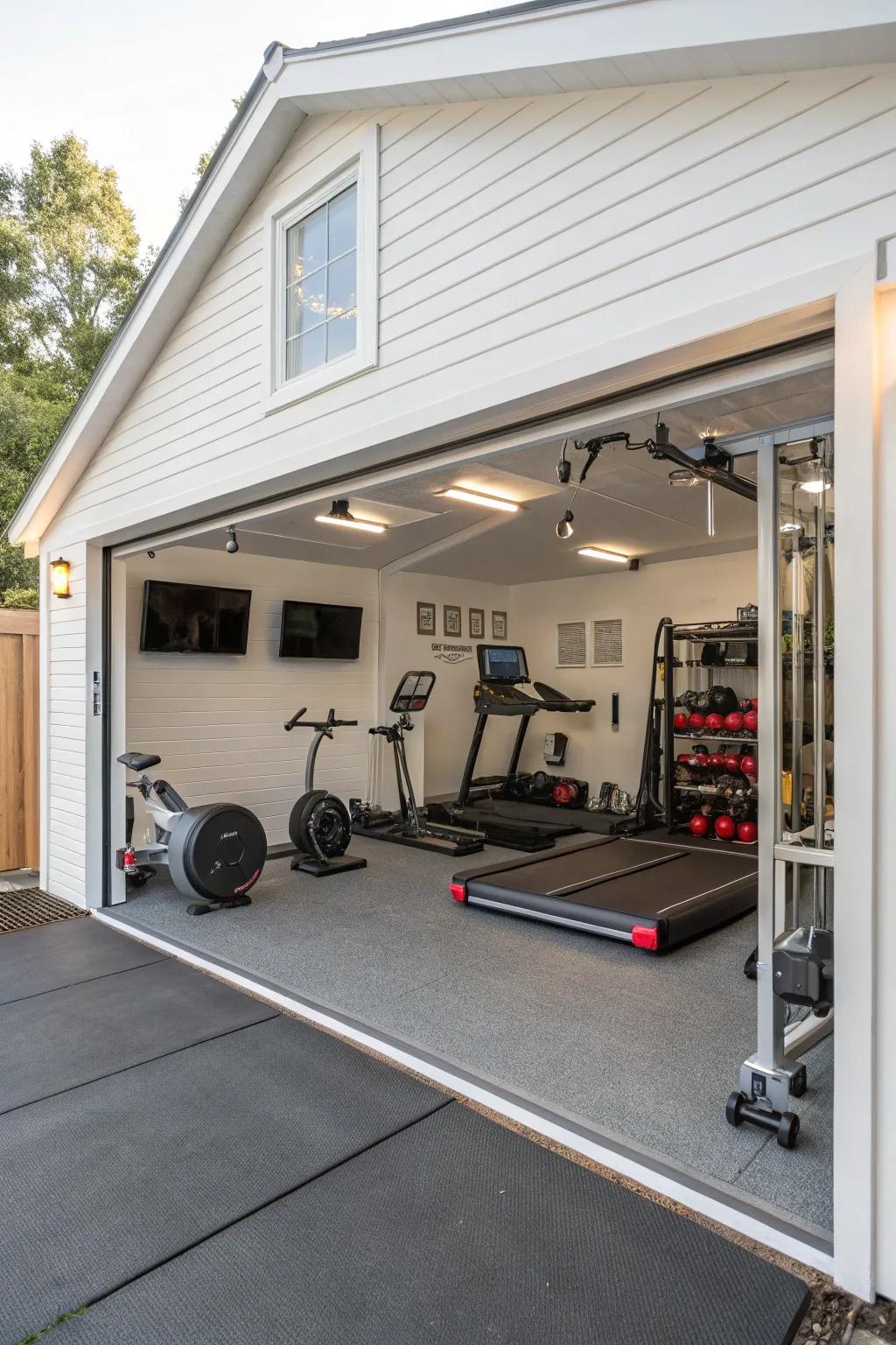 A fitness zone within your garage for fitness enthusiasts.