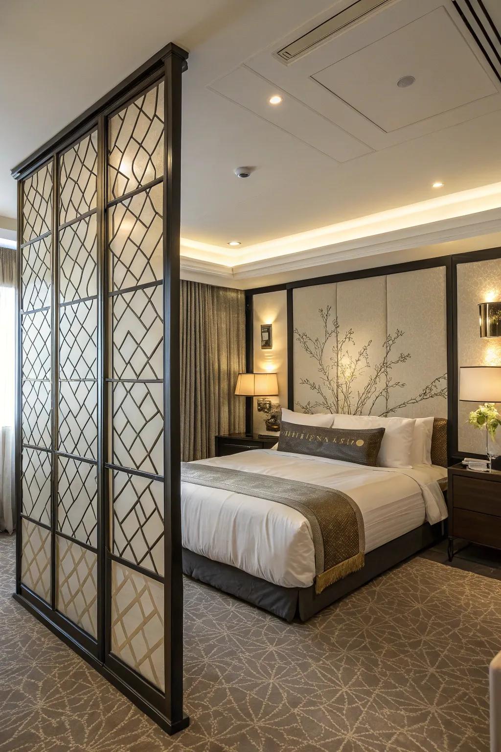 A room divider enhances privacy and defines the diagonal bed area.