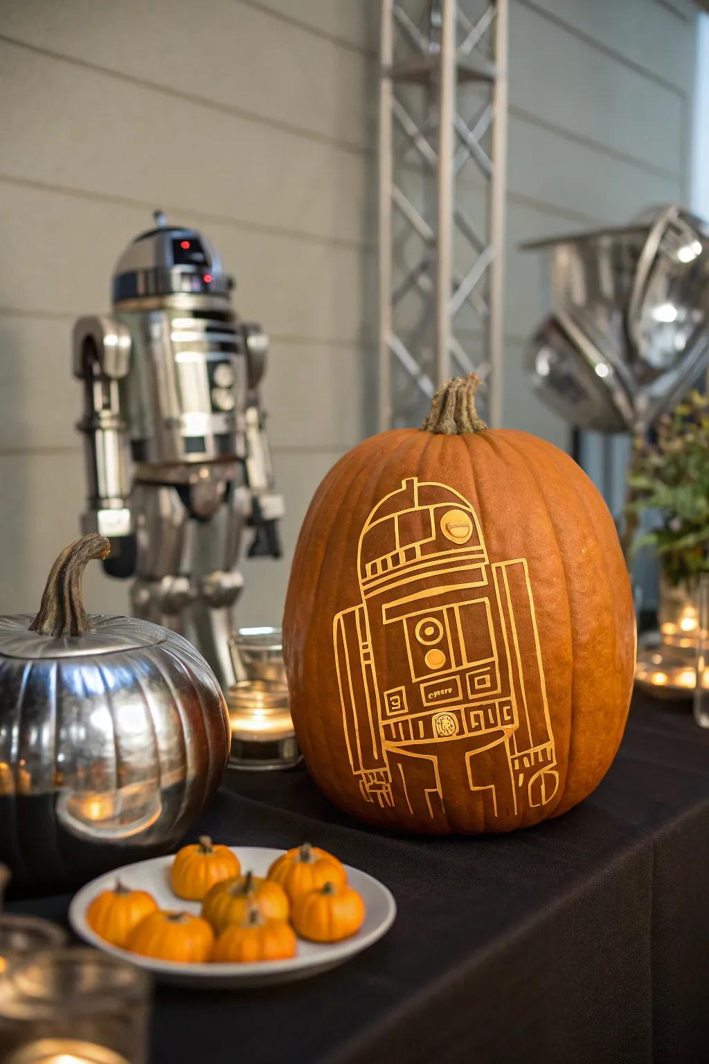 Robot carvings deliver a futuristic essence.