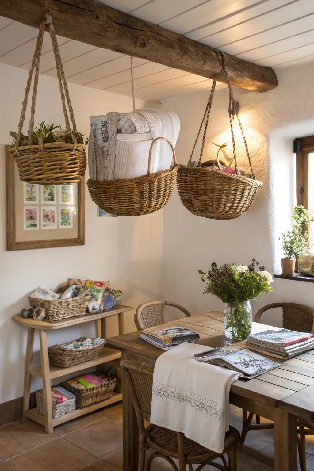 Hanging crates offer creative storage and add a rustic charm to your dining room.
