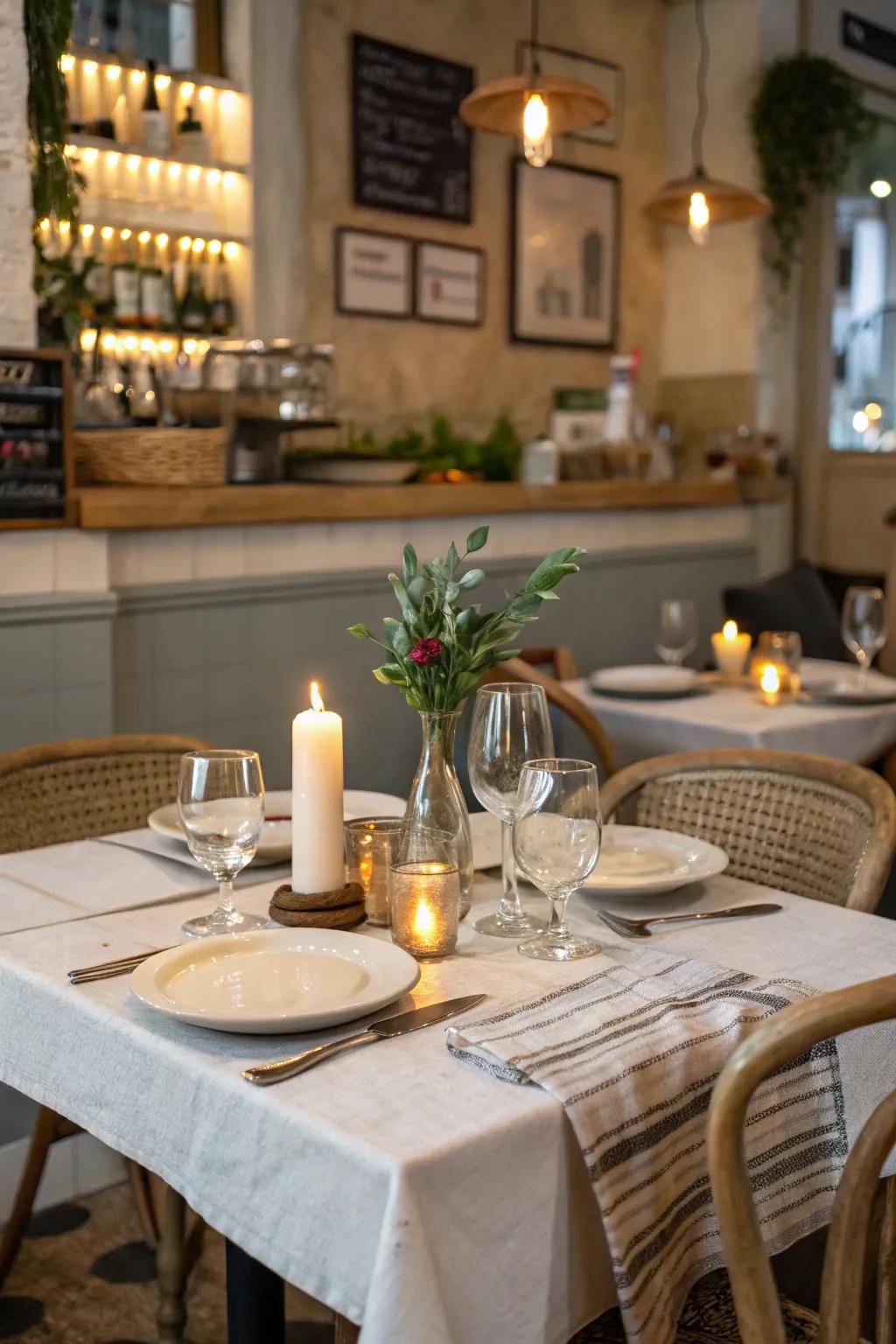 A relaxed bistro vibe achieved with simple tableware for a laid-back atmosphere.