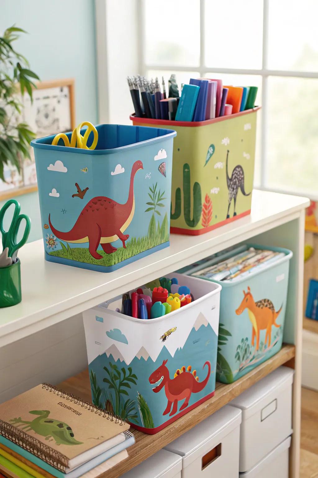 Reptile-themed bins maintaining creative provisions organized.