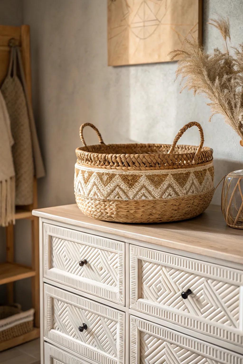 Transform your dresser with boho basket holding—where simplicity aligns with natural elegance.