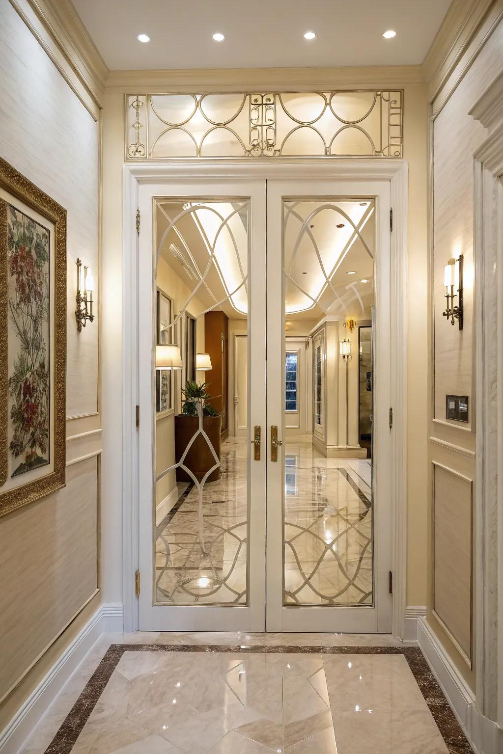 Spacious elegance created with polished glass panel inlays.