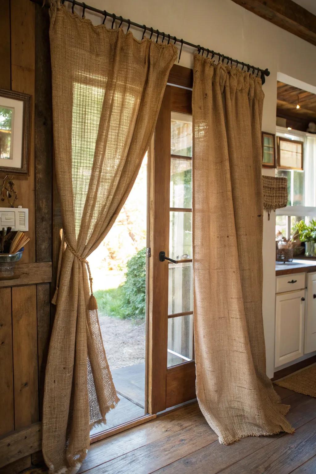 Hessian drapes lend rustic warmth and texture.