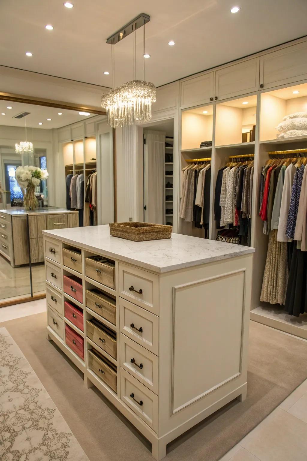 An island provides additional storage and performs as a fashionable centerpiece.