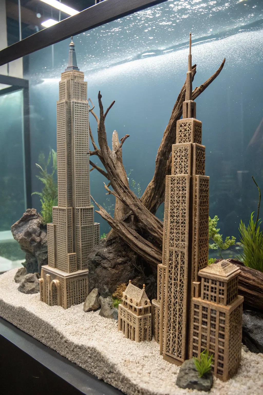 A captivating futuristic submarine metropolis aquarium showcasing geometric bogwood.