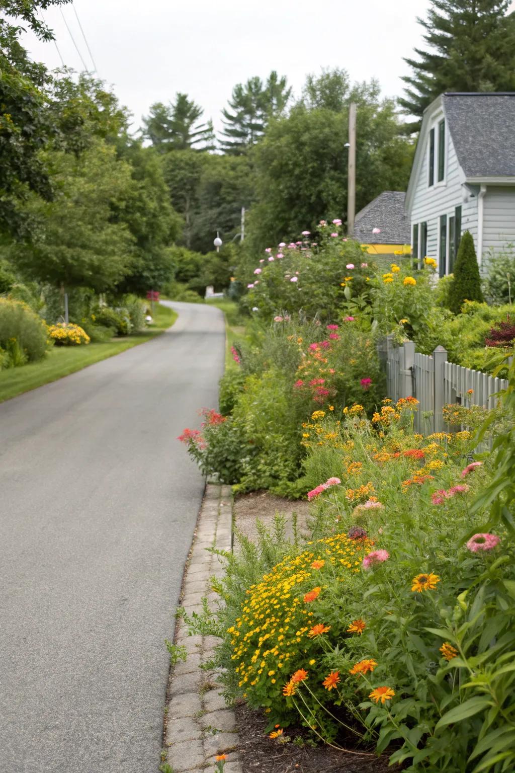 Biodiverse local botanical displays lining the driveway.