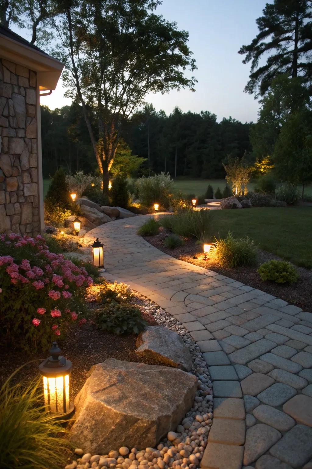 Driveway illumination elements crafting a stunning nighttime spectacle.