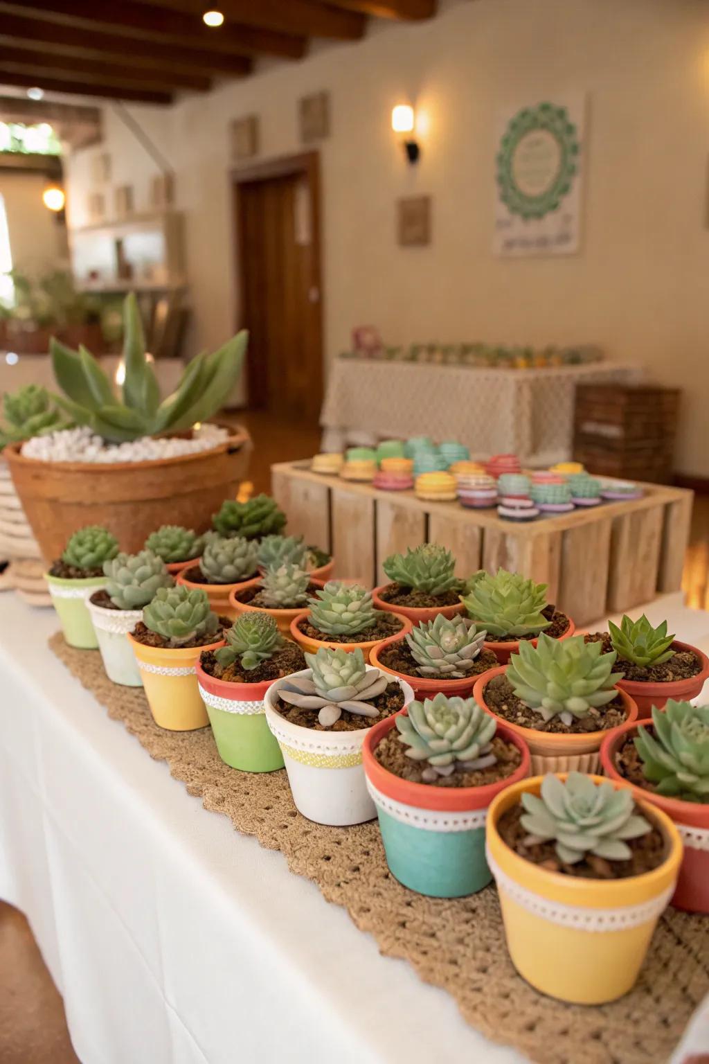 Containerized thriving plants make considerate and lasting mementos.