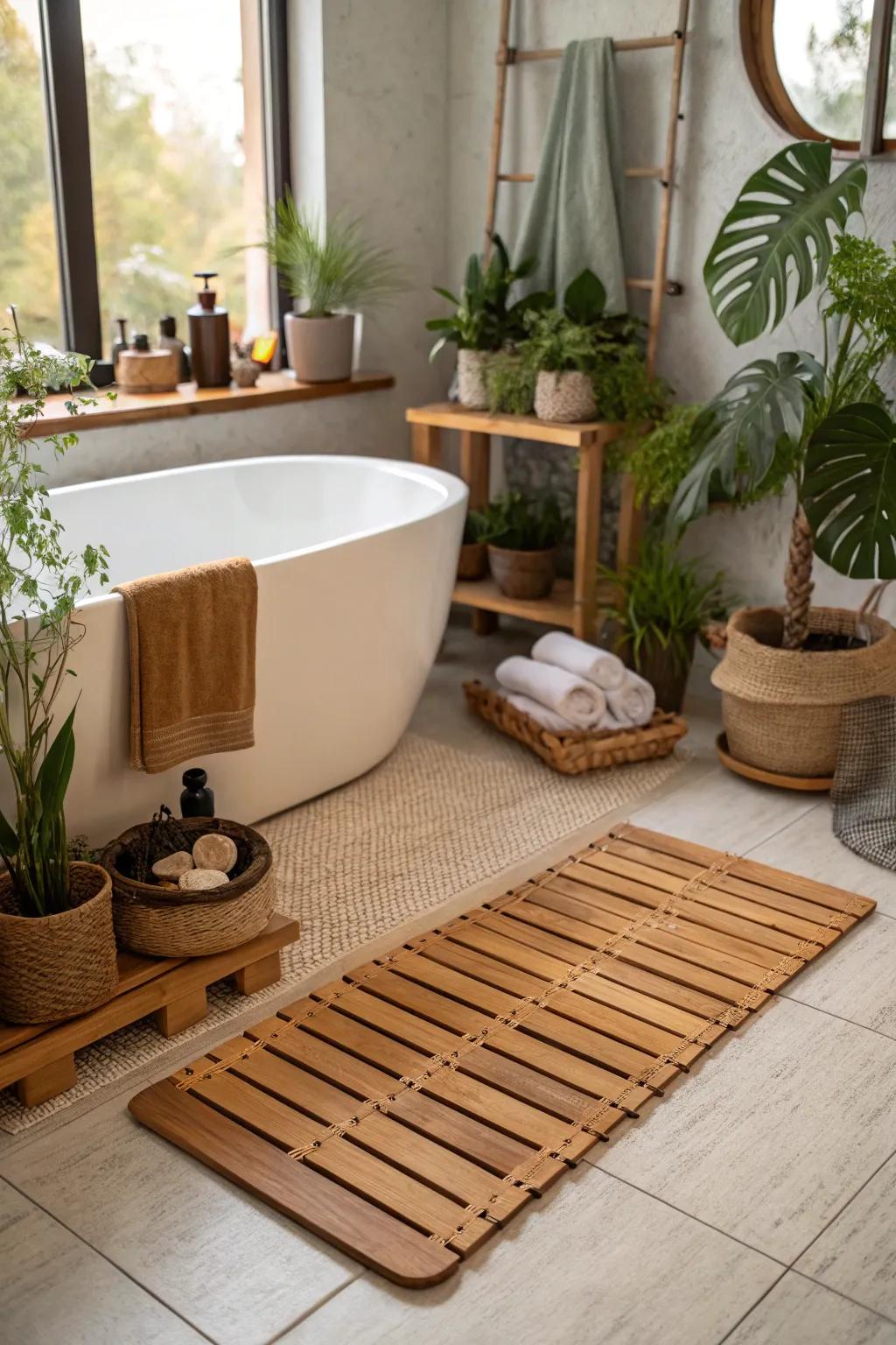 A timber bath mat adds spa-like sophistication to the restroom.