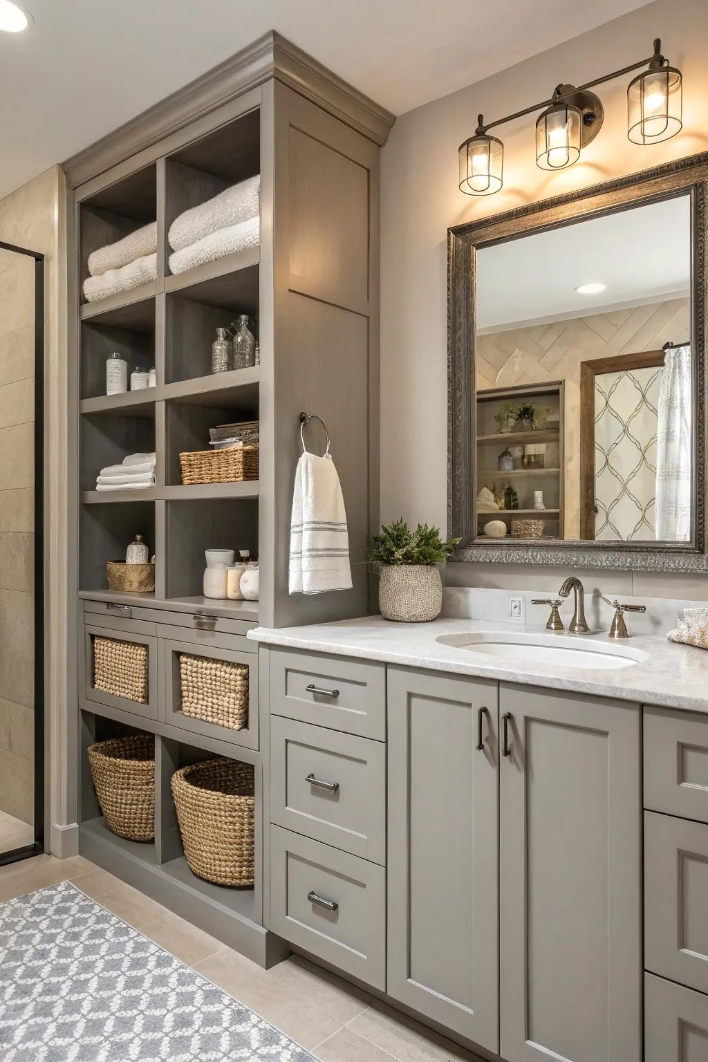 Custom storage solutions maintain elegance in this bathroom.