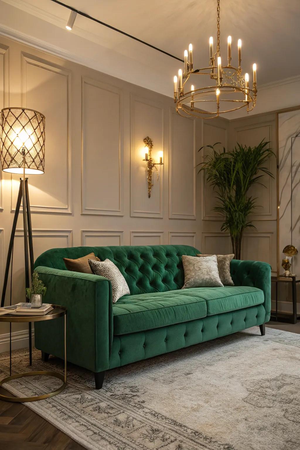 The emerald green sofa is highlighted with creative lighting.