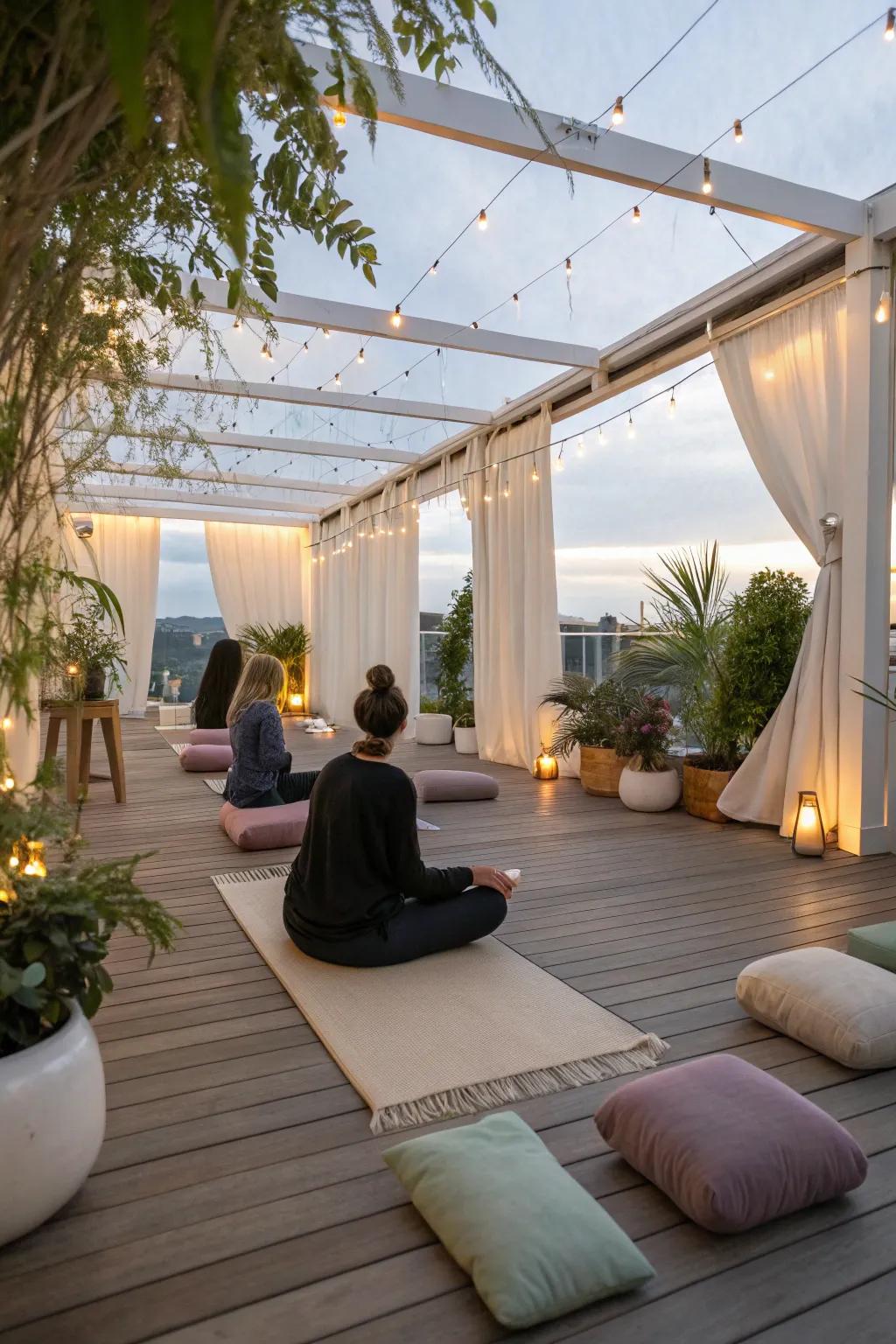 A peaceful wellness area on a covered deck.