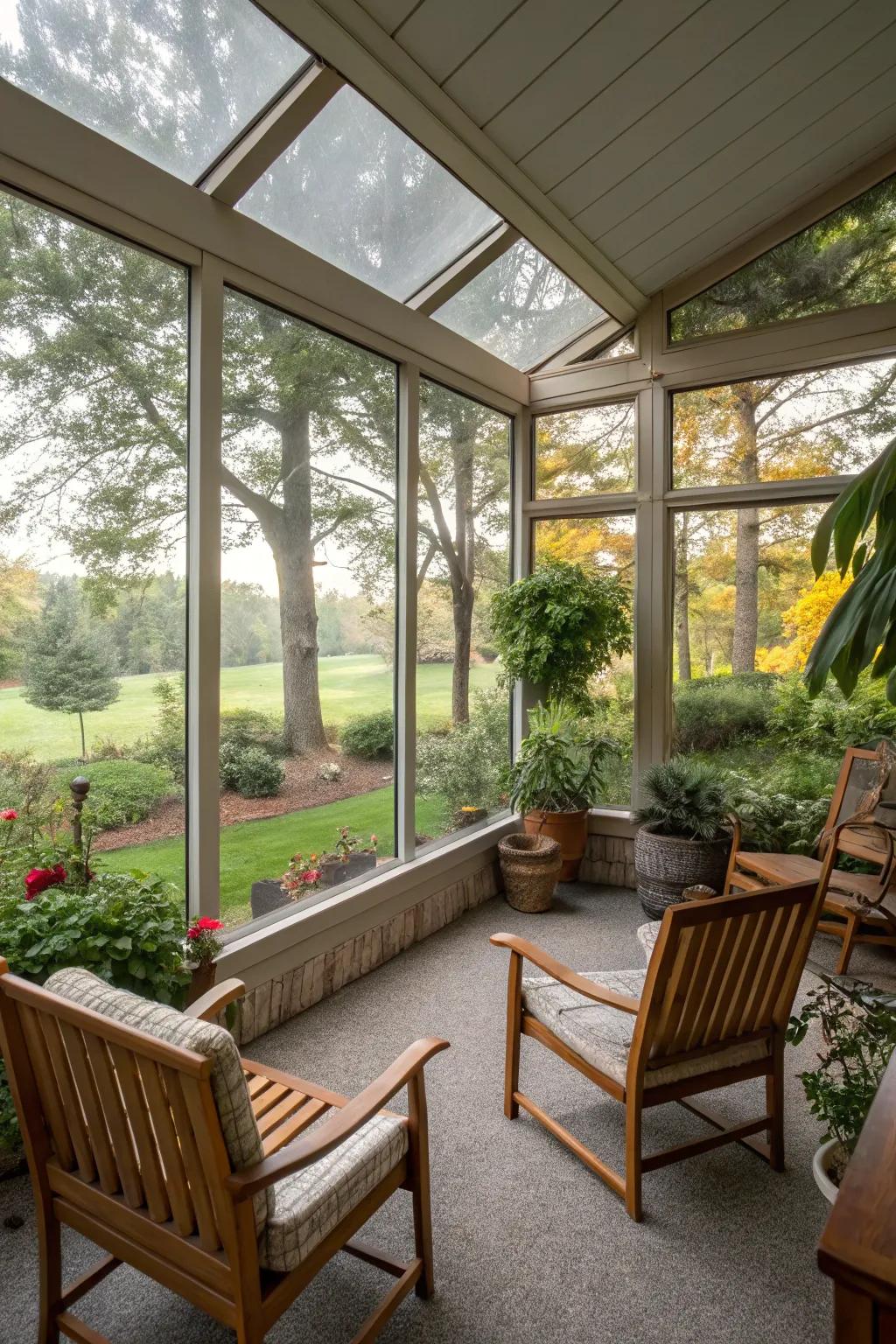 A bright porch with glass walls and lush views.
