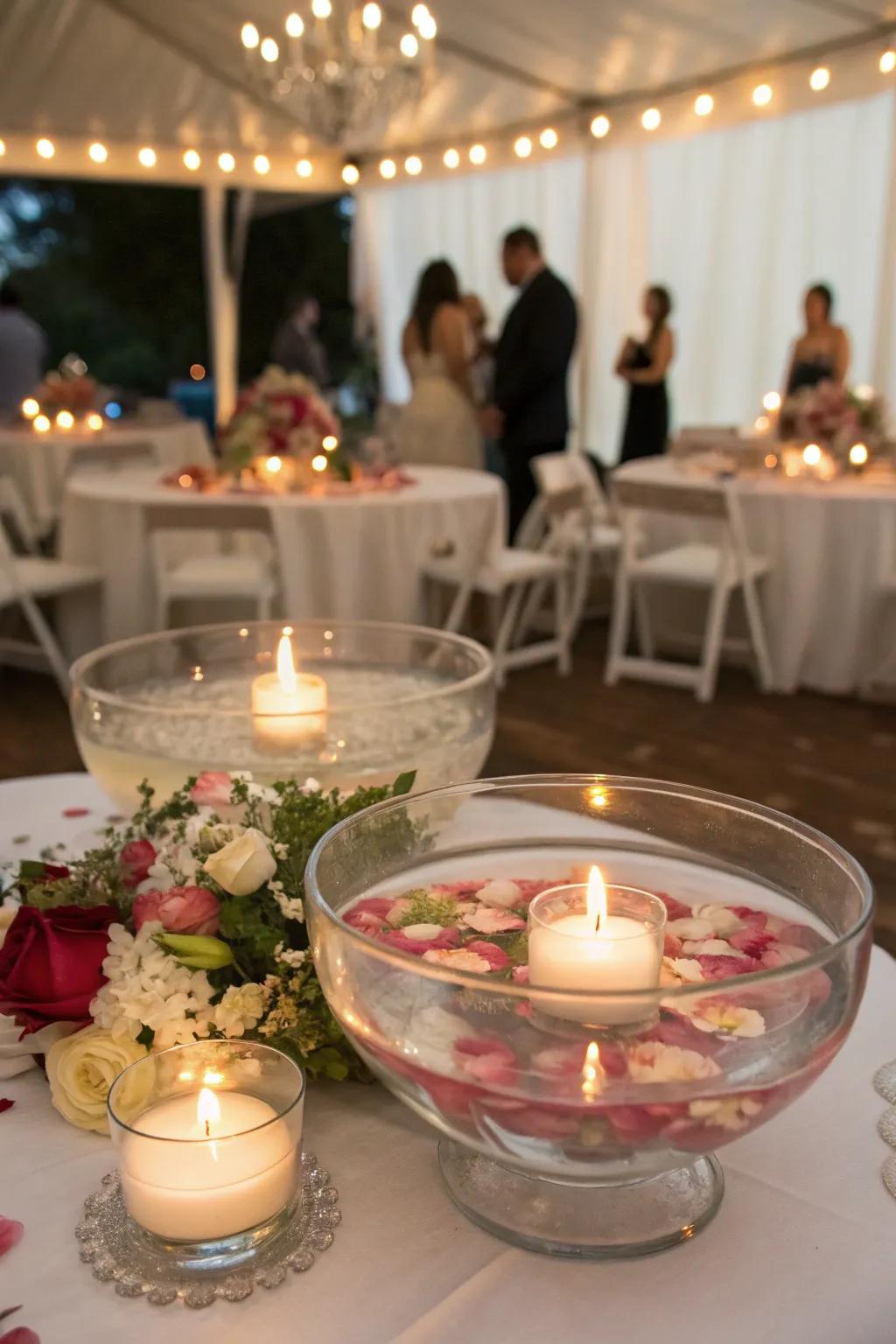 Floating candles fashion a romantic centerpiece substitute.