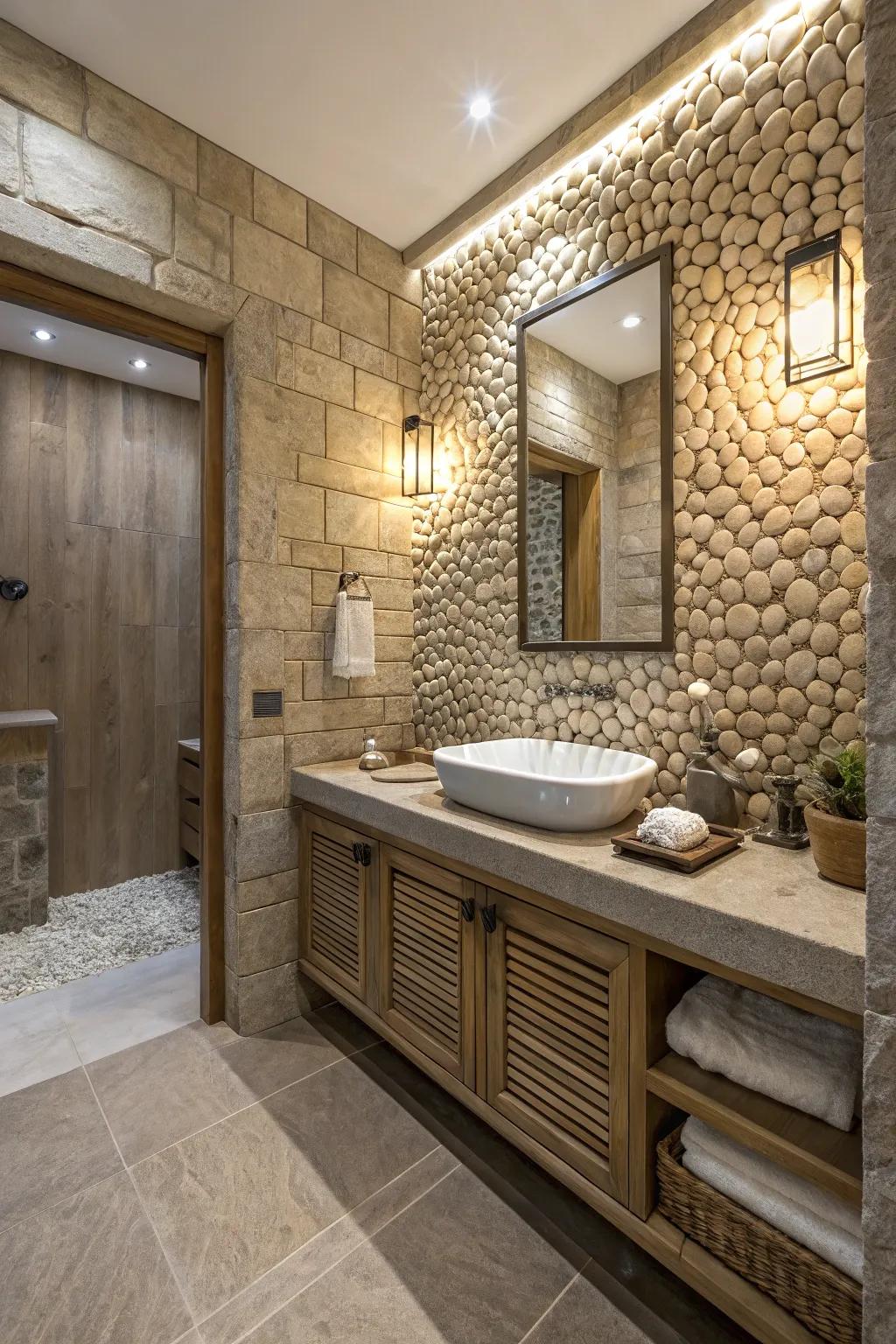 Textured surfaces elevate the tactile sensation of an ensuite.