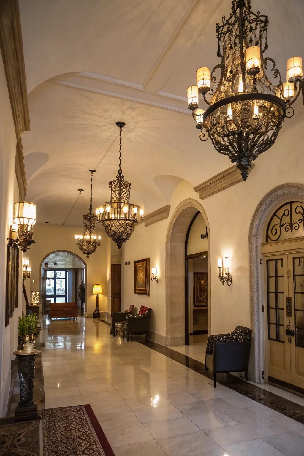 Throwback lighting apparatuses add nostalgia and charm to this modern entryway.