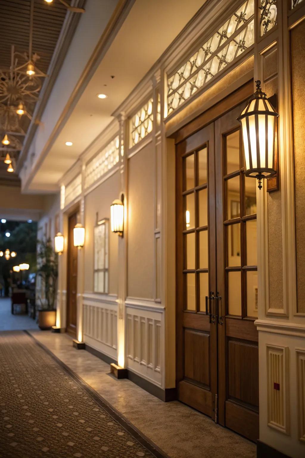 Glowing boards enhance atmosphere and accentuate entryway design.