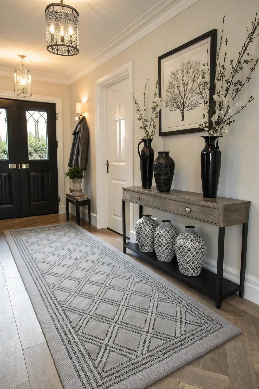 Monochrome rugs furnish a sophisticated and cohesive design element.