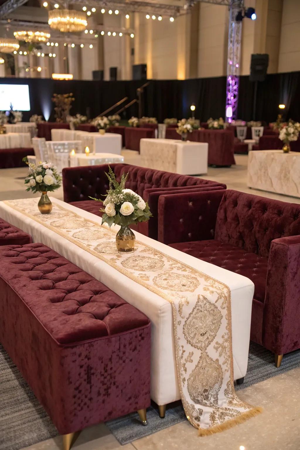 Velvet accents add lavishness and sophistication.