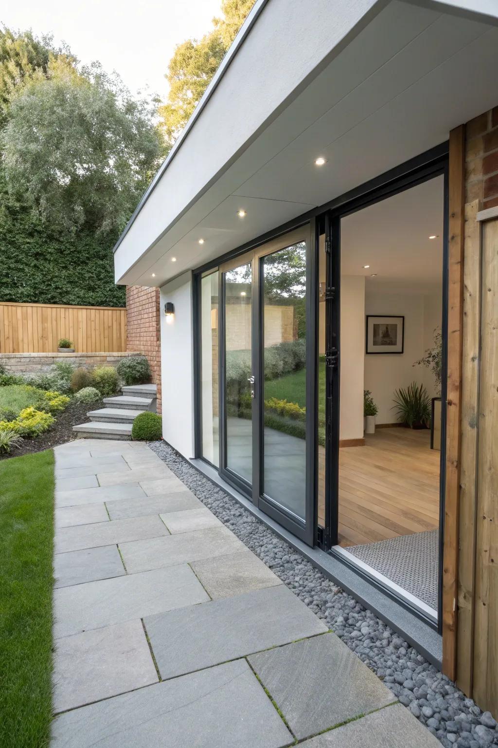 Sliding doors offer a sleek and modern entrance solution.
