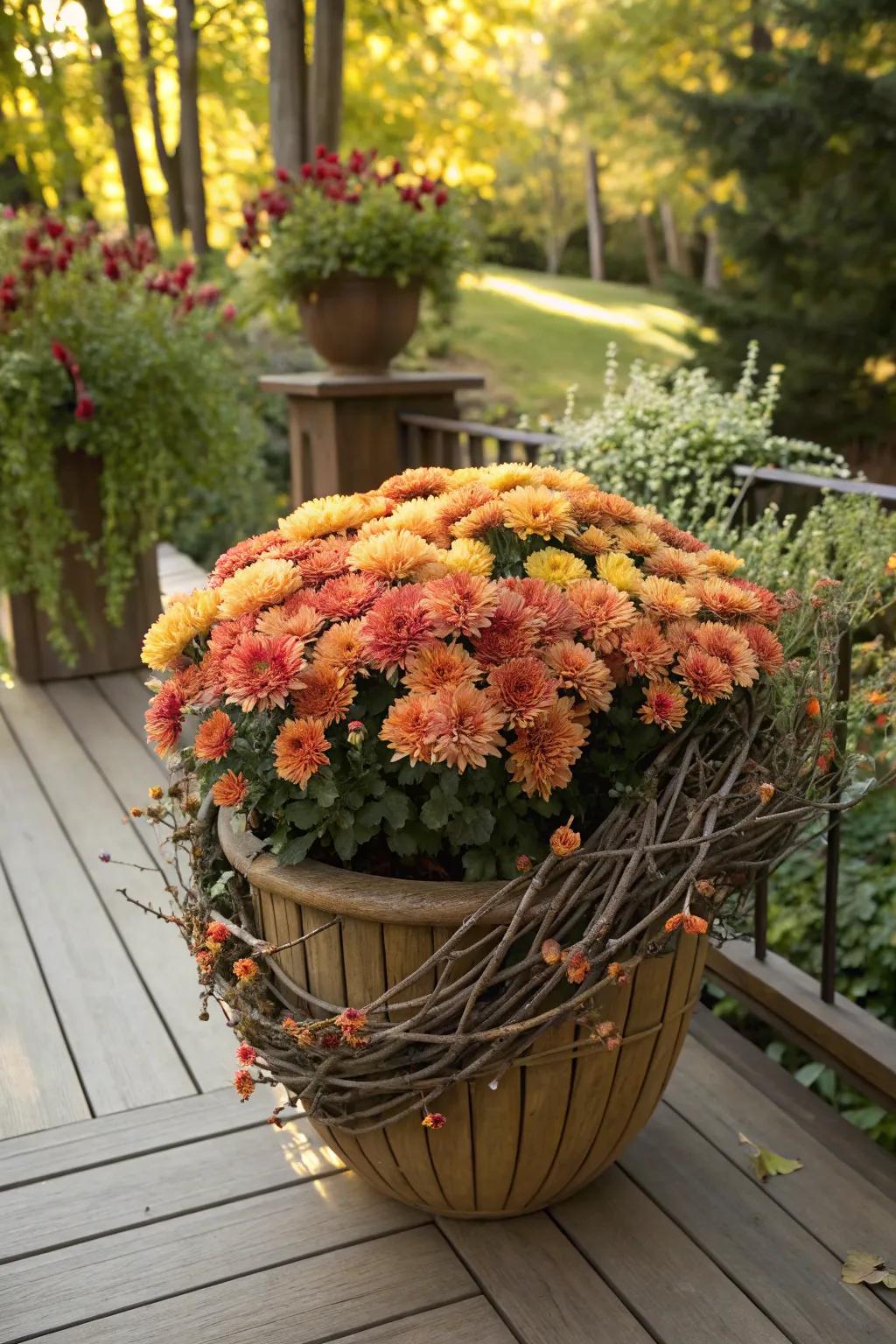 Rustic touch with mums and twigs