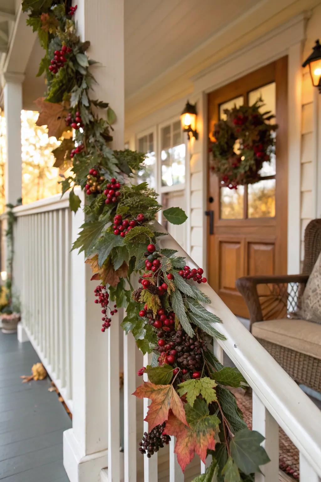 Seasonal garlands with leaves and berries add charm to your porch decor.