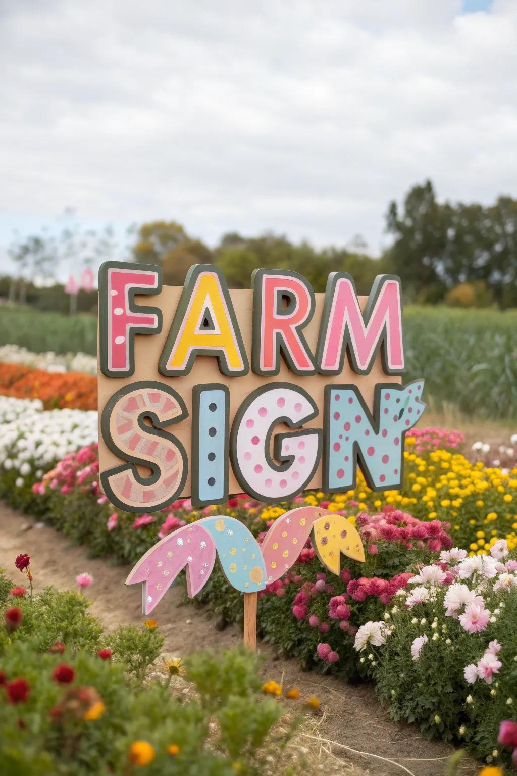 A playful and inventive farm marker featuring whimsical designs.