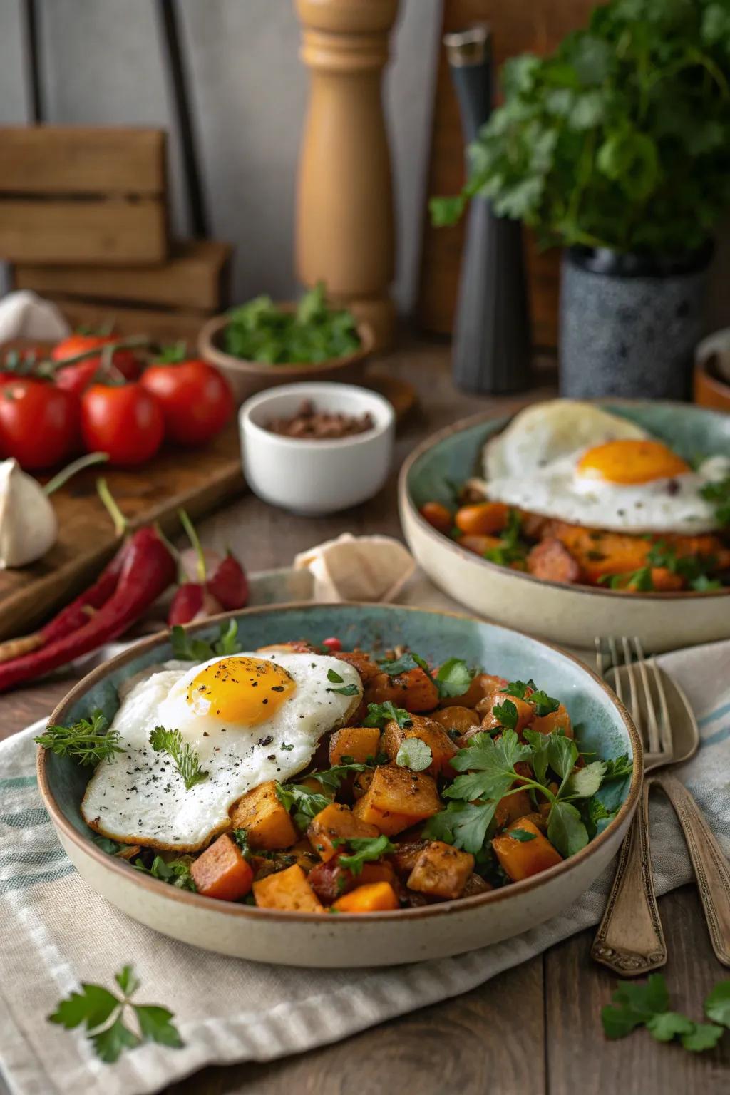 Eggs with sweet hash make a vibrant and hearty meal.