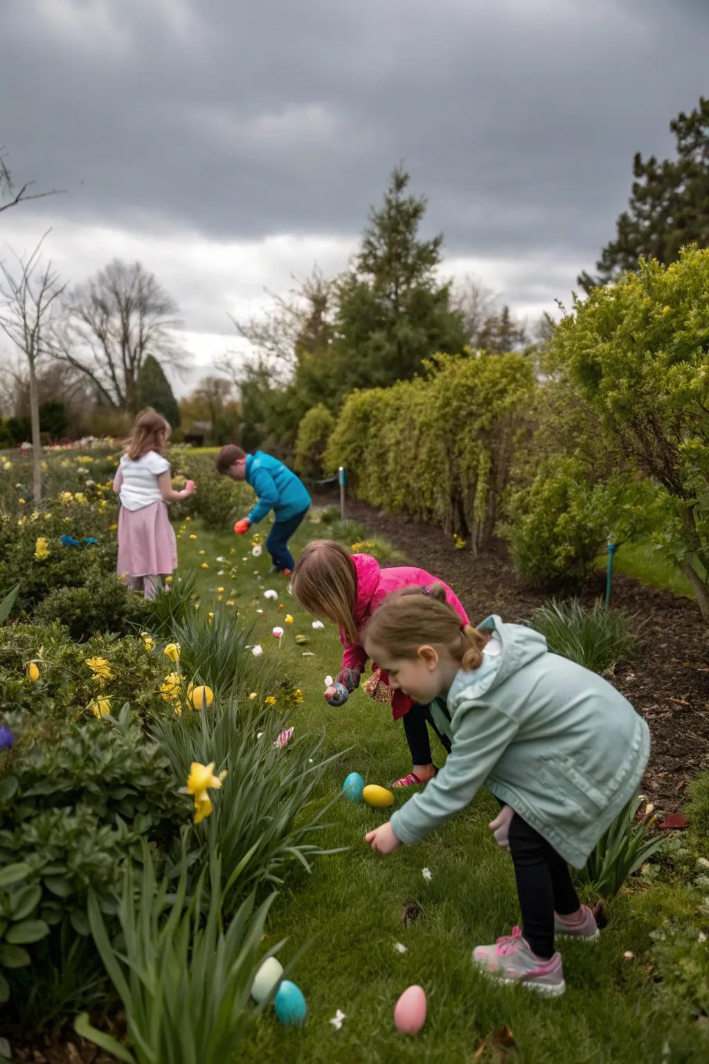 An egg scavenger hunt furnishes a spirited and interactive pursuit for party attendees.
