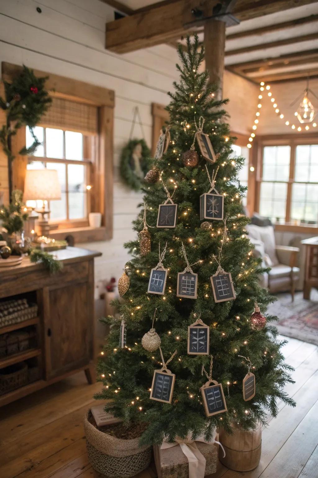 Mini chalkboard decorations introduce a customizable touch to this tree.